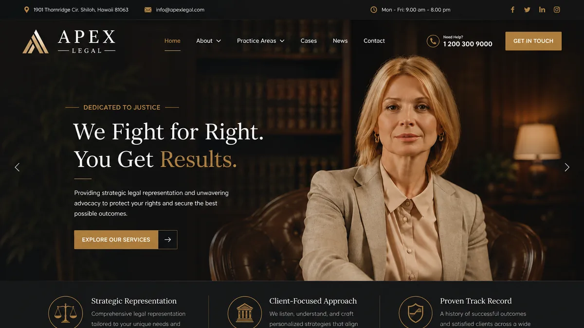 Immigration & business law firm website design concept for Apex Legal