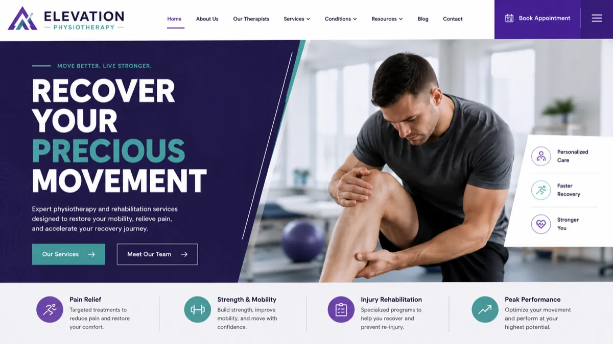 Physical therapy & rehab law firm website design concept for Elevation Physiotherapy