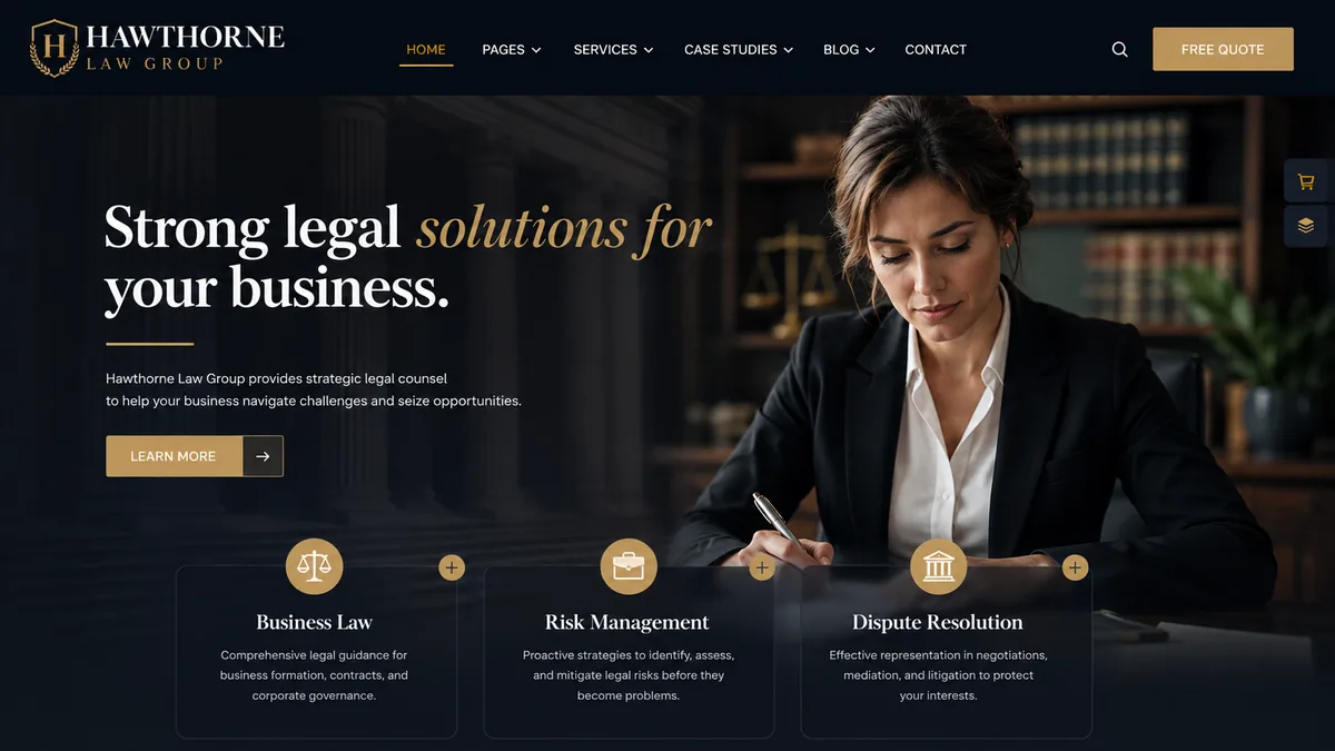 Business & corporate litigation law firm website design concept for Hawthorne Law Group