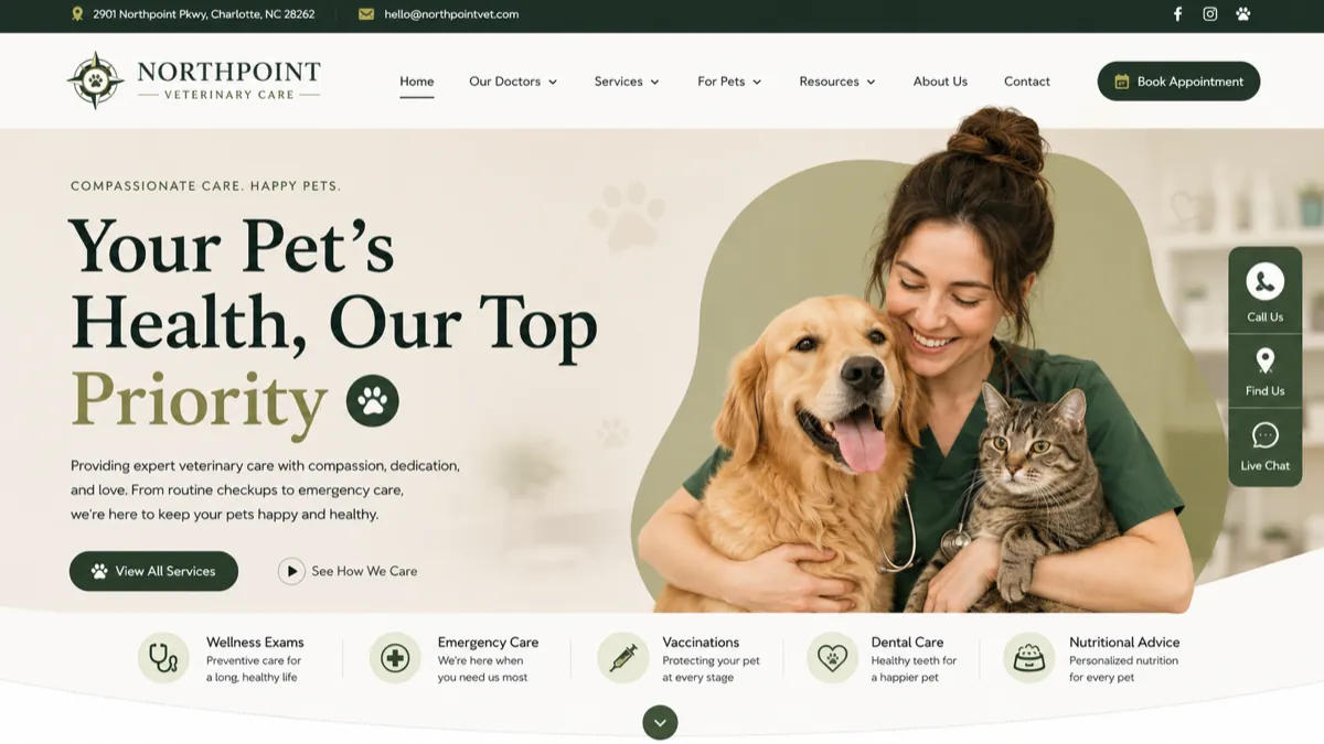 Veterinary & animal care law firm website design concept for Northpoint Veterinary Care