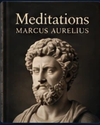 Meditations, a dark cover lettered in gold over a marble bust of Marcus Aurelius.
