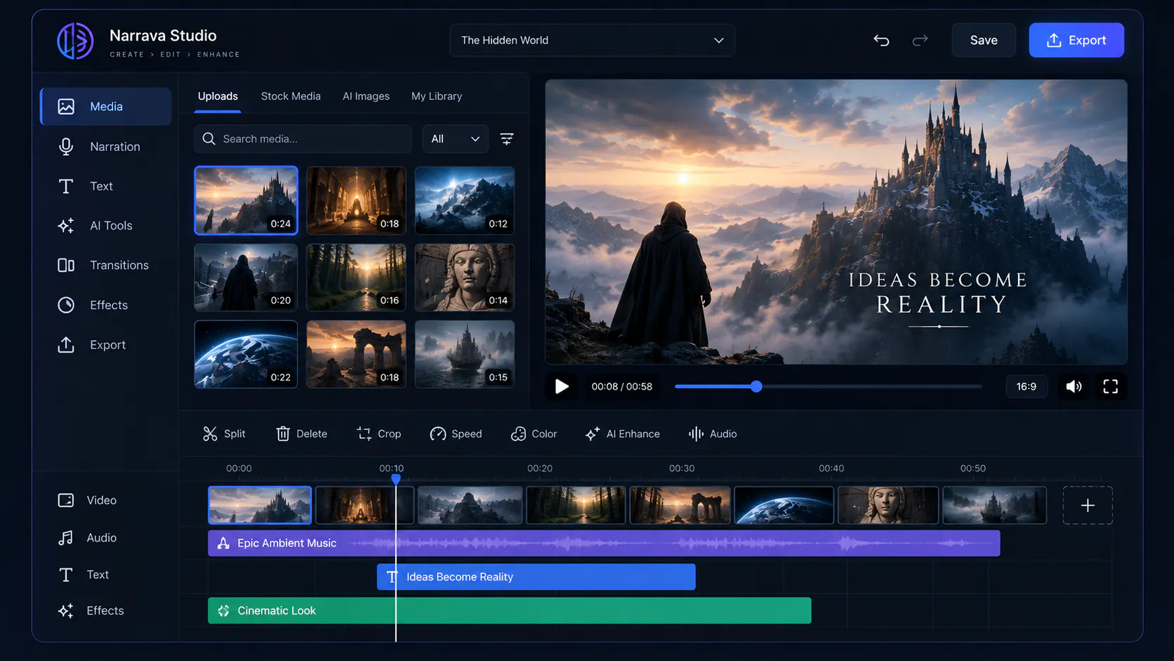 The Narrava Studio editor: a media library of generated clips, a preview of a cloaked figure before a mountain castle reading “Ideas Become Reality”, and a multi-track timeline with narration, text, and a cinematic look applied.
