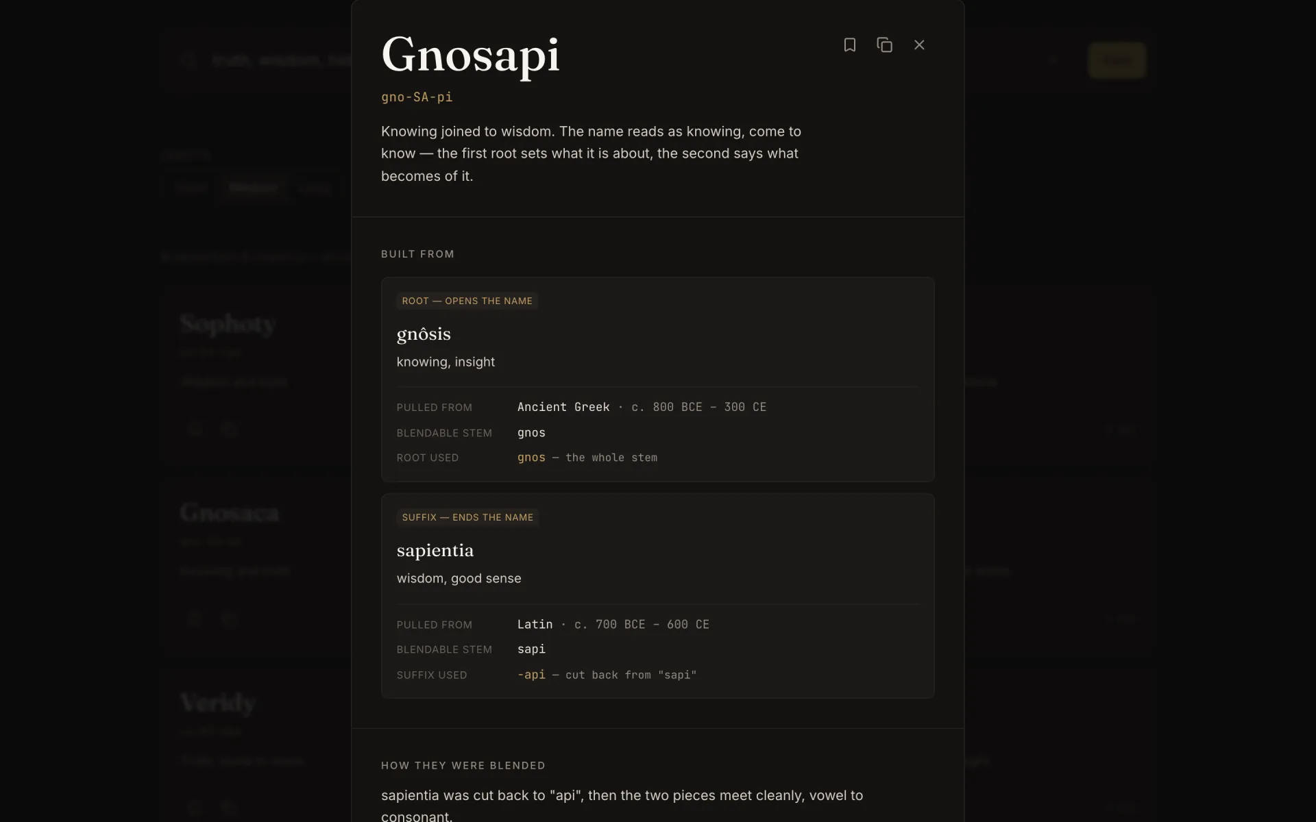The Archis detail panel for Gnosapi: built from gnôsis, Ancient Greek for knowing, and sapientia, Latin for wisdom, with the blendable stems and how they were joined.